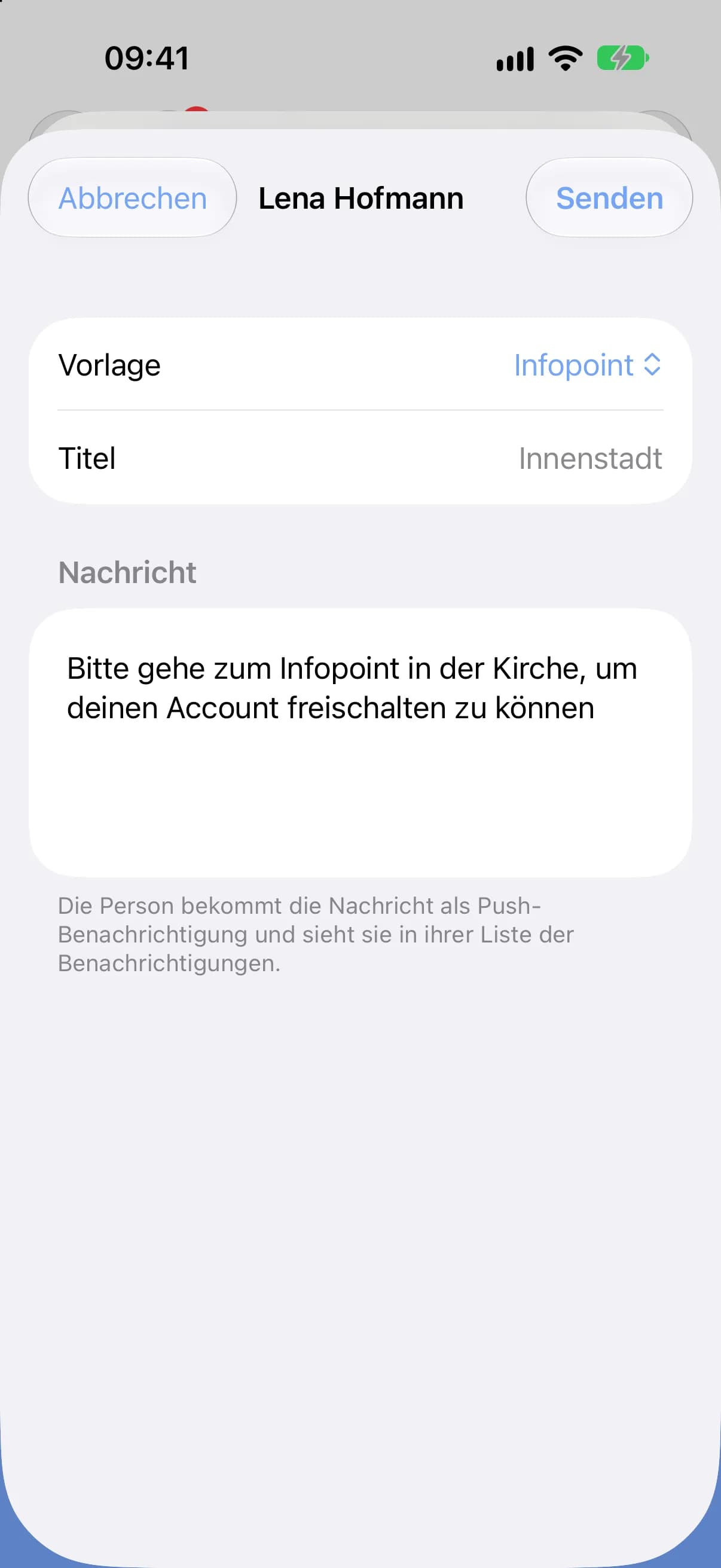 Fenster „Nachricht senden“ mit der Vorlage Infopoint