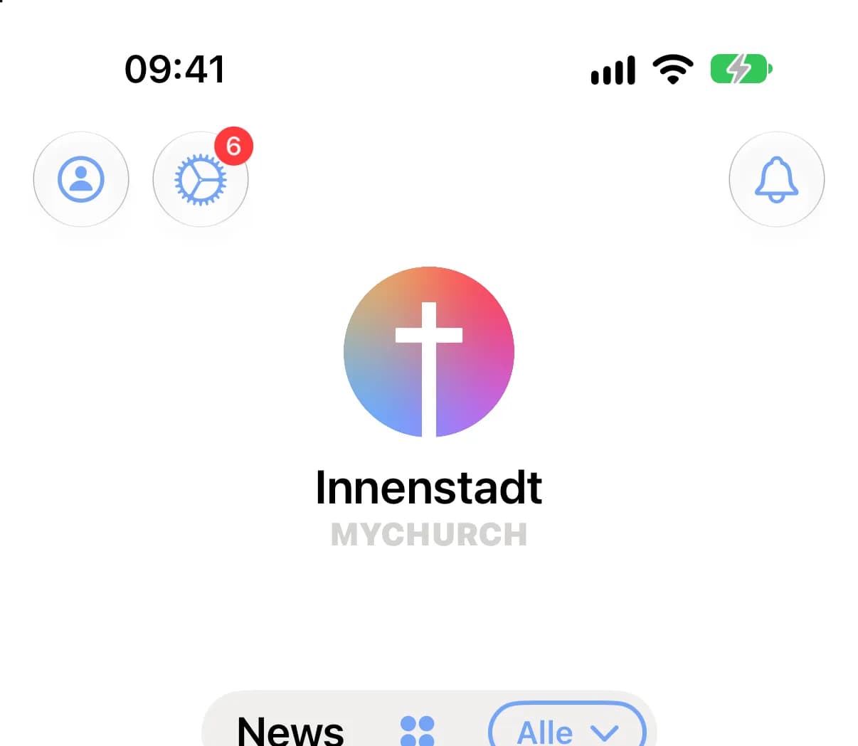 Startseite der App mit einer roten Zahl am Zahnrad oben links