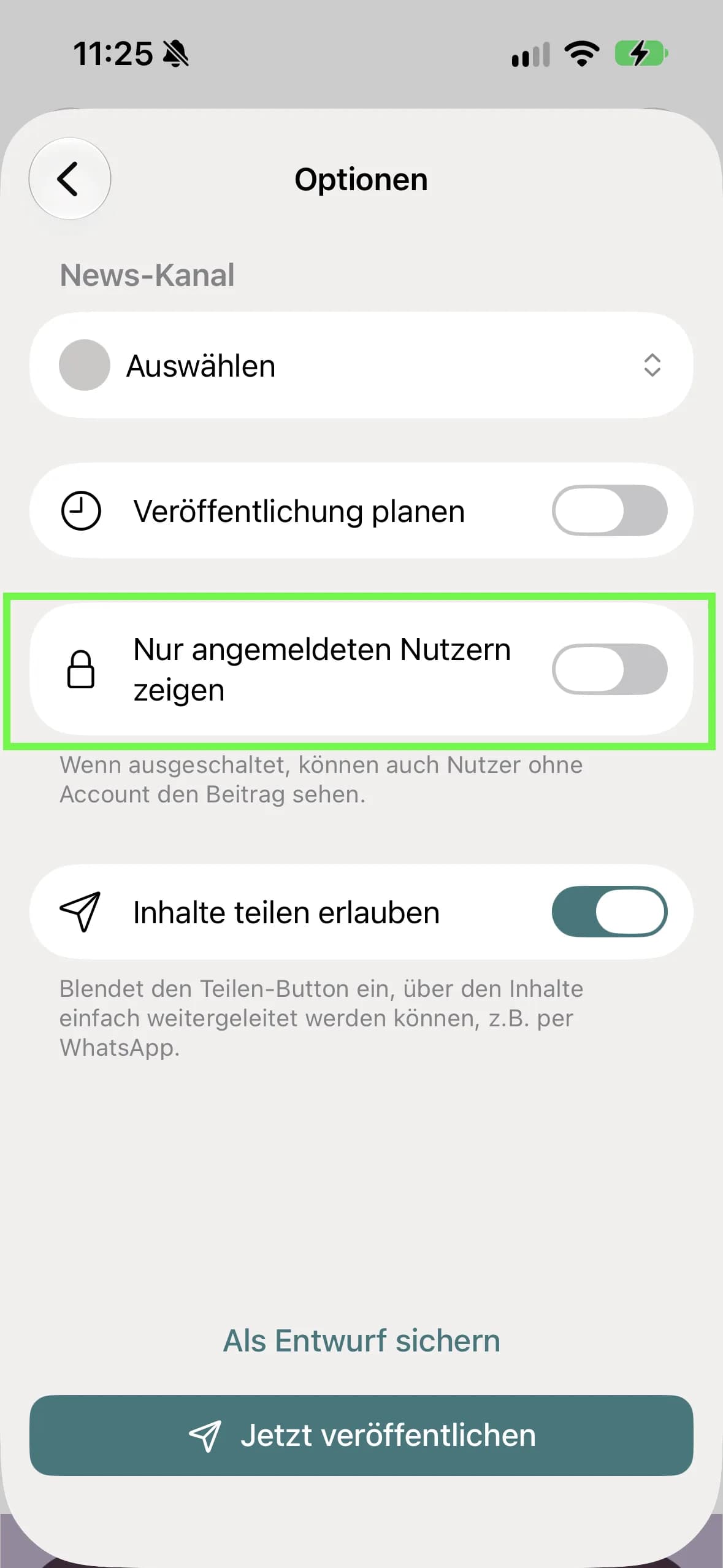 Optionen eines News-Beitrags mit dem Schalter „Nur angemeldeten Nutzern zeigen“